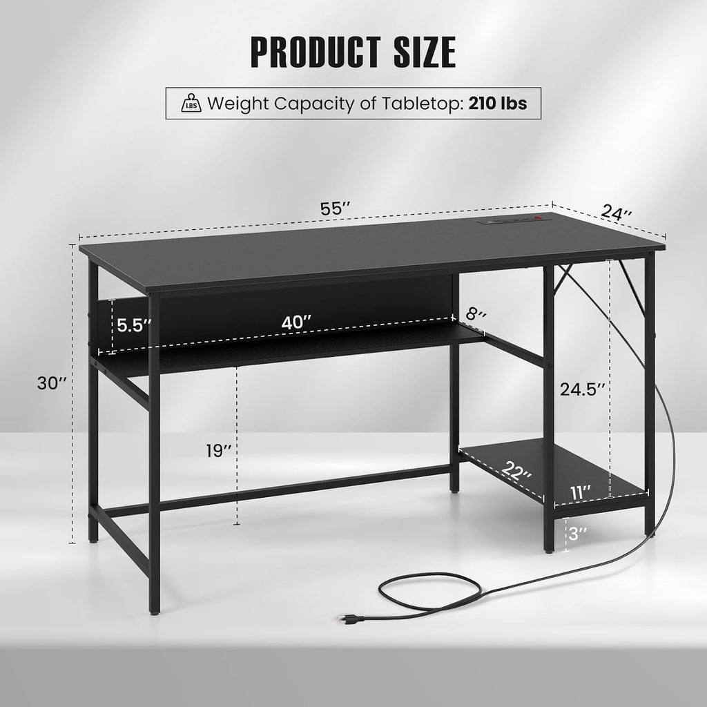 Tangkula 55 Inch Computer Desk with Power Outlets & USB Ports, Home Office Desk with Built in Charging Station with Switch, Computer Workstation Writing Study Desk with Storage Shelf & CPU Stand