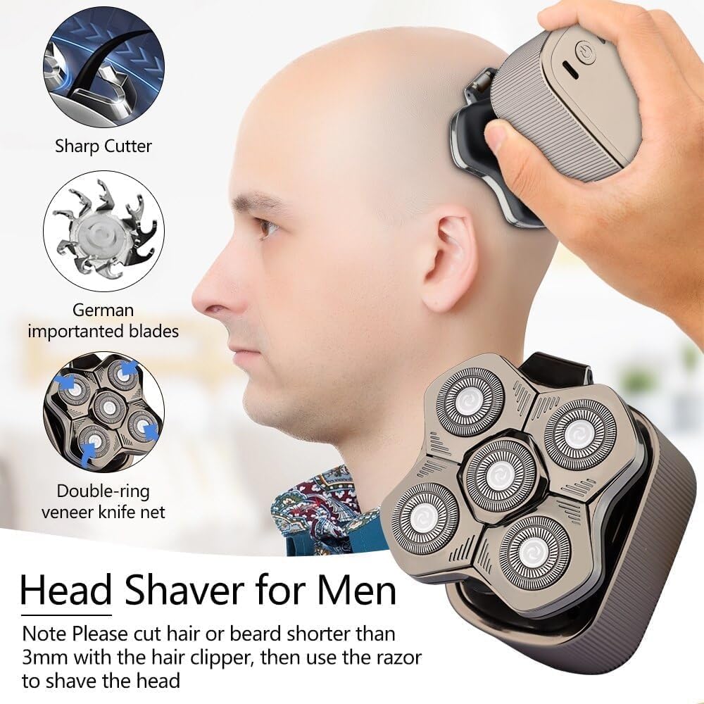 Electric Shavers for Men, 5 in 1 Men's Electric Shaver Beard Hair Trimmer 5D Floating Blade Head Electric Razor Multifunction Bald Head Shaving