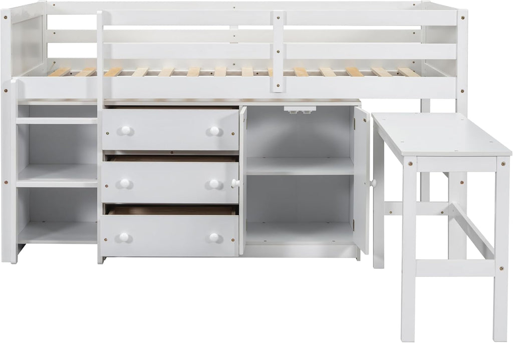 SOFTSEA Twin Size Low Loft Bed with Pull-Out Desk and Drawers, Loft Bed with Cabinet and Shelves, Wood Loft Bed Frame with Support Slats, White