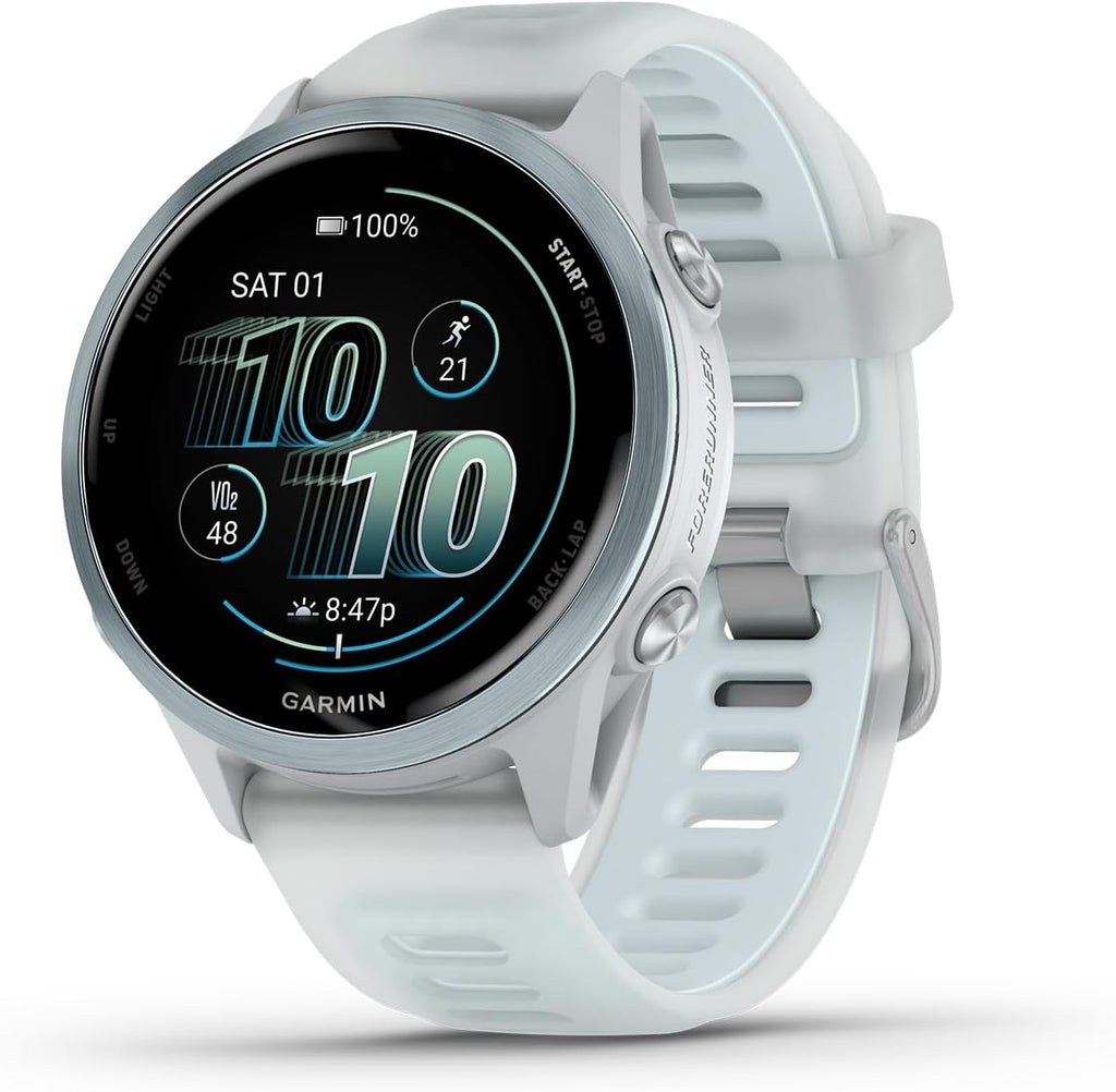 Garmin Forerunner 570 Running Smartwatch, 42MM WiFi, GPS Fitness Watch for Men and Women, Cloud Blue Aluminum with Translucent Whitestone/Cloud Blue Band + Access 600 Fitness Monitor XS-S + More