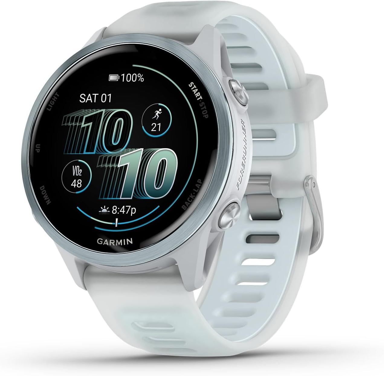 Garmin Forerunner 570 Running Smartwatch, 42MM WiFi, GPS Fitness Watch for Men and Women, Cloud Blue Aluminum with Translucent Whitestone/Cloud Blue Band + Access 600 Fitness Monitor XS-S + More