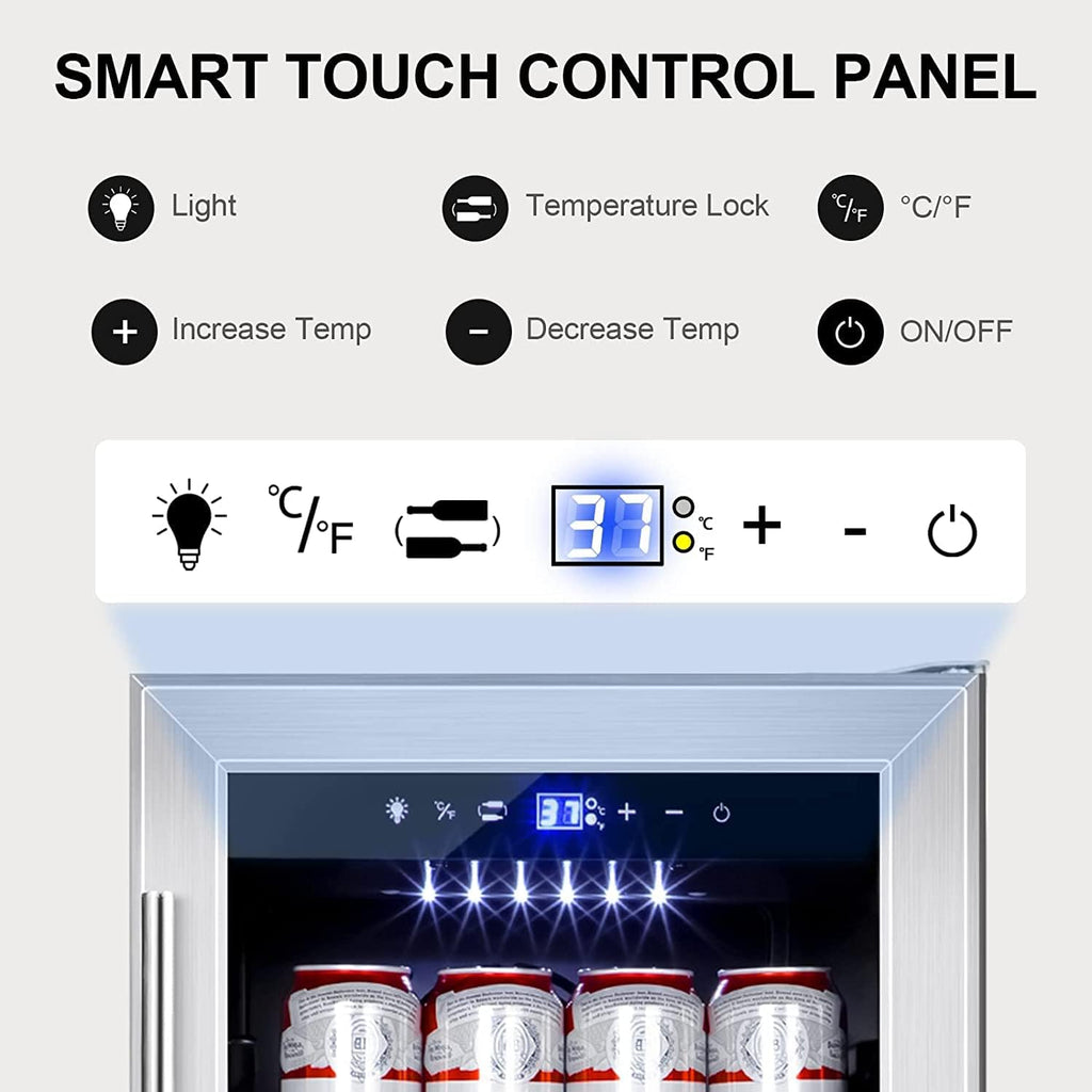 Tylza 15 Inch Beverage Refrigerator, 130 Cans Quiet Beverage Fridge, 15'' Beverage Cooler Under Counter with Glass Door and Lock for Built-in or Freestanding With Temperature Memory Function TYBC100