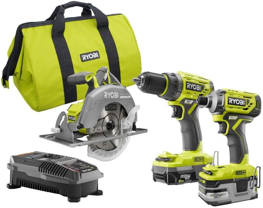 Ryobi P1837 18V One+ Cordless Brushless 3 Tool Combo Contractor Kit (9 pieces: Drill/Driver, Impact Driver, Circular Saw, 7-1/4 in Blade, Blade Wrench, Charger, 2.0 & 3.0 Ah Batteries, Bag)