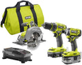 Ryobi P1837 18V One+ Cordless Brushless 3 Tool Combo Contractor Kit (9 pieces: Drill/Driver, Impact Driver, Circular Saw, 7-1/4 in Blade, Blade Wrench, Charger, 2.0 & 3.0 Ah Batteries, Bag)
