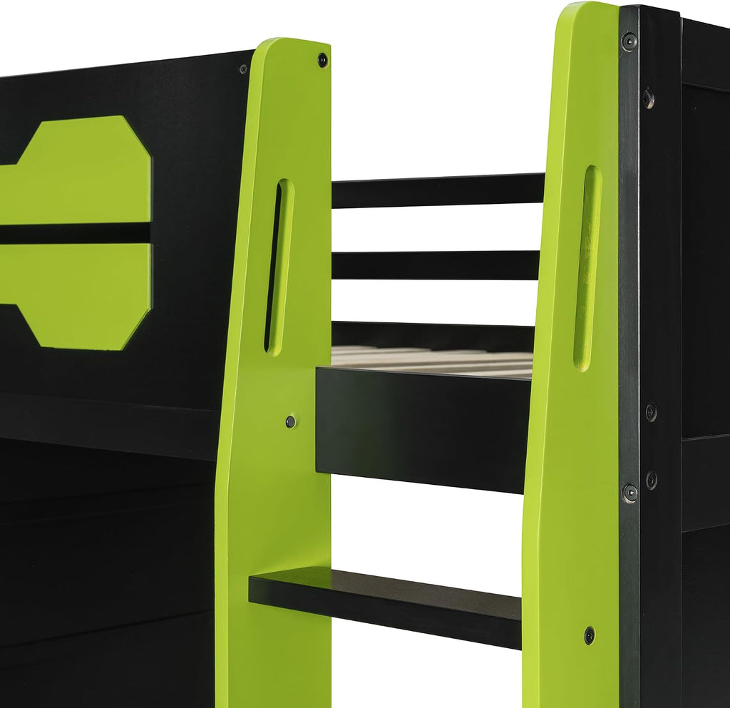 Merax Full Size Loft Bed with Desk and Multi-Storage Shelves, Wooden Gaming Loft Bed Frmae with Light and Charging Station, Space-Saving Bed with Safety Guardrail, No Box Spring Needed, Green