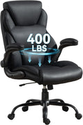 Brage Living 400LBS Big and Tall Office Chair, Heavy Duty Leather Executive Desk Chair with Padded Flip-up Arms, Swivel Rolling Computer Chair for Home Office, Black