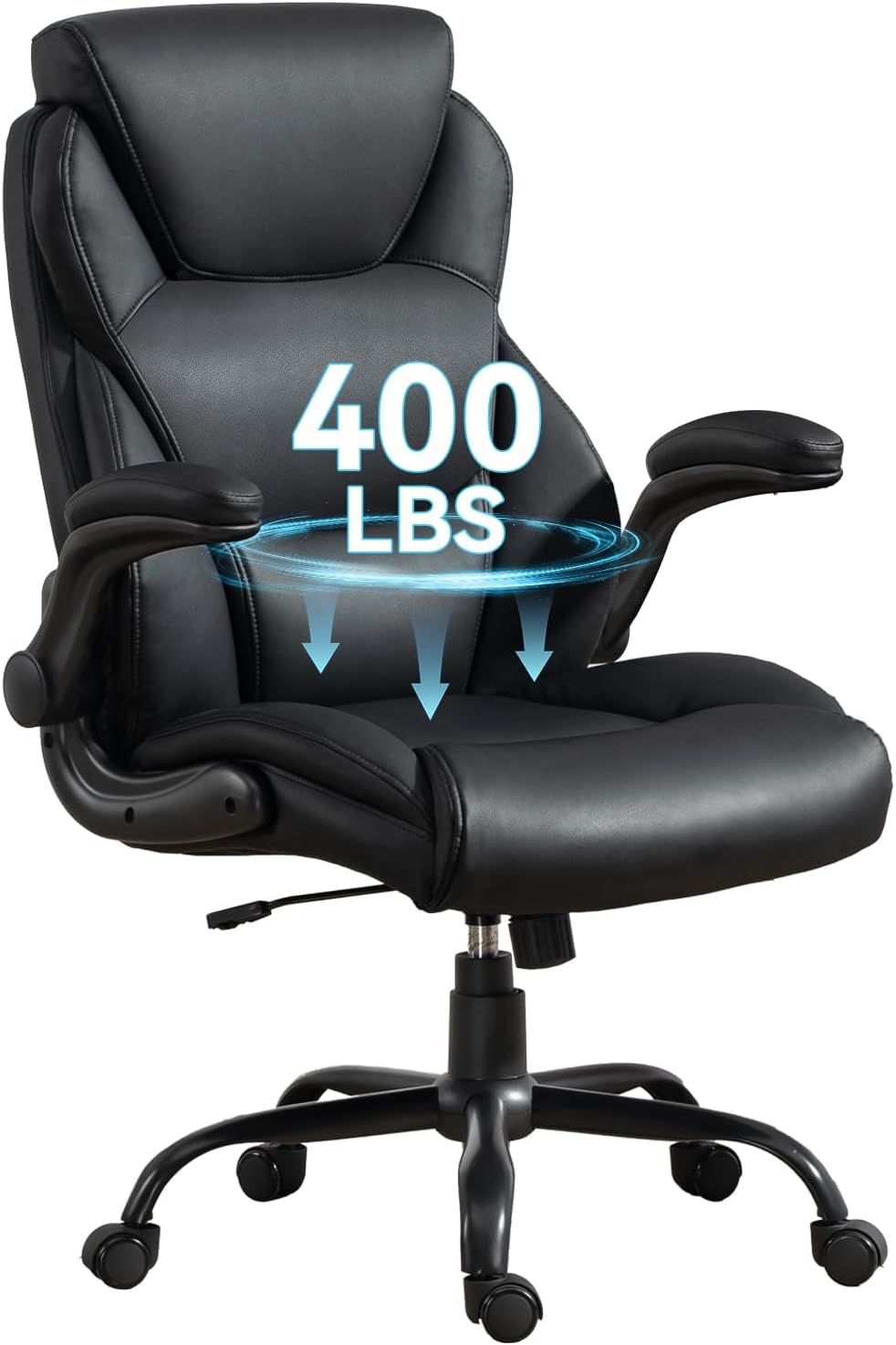 Brage Living 400LBS Big and Tall Office Chair, Heavy Duty Leather Executive Desk Chair with Padded Flip-up Arms, Swivel Rolling Computer Chair for Home Office, Black