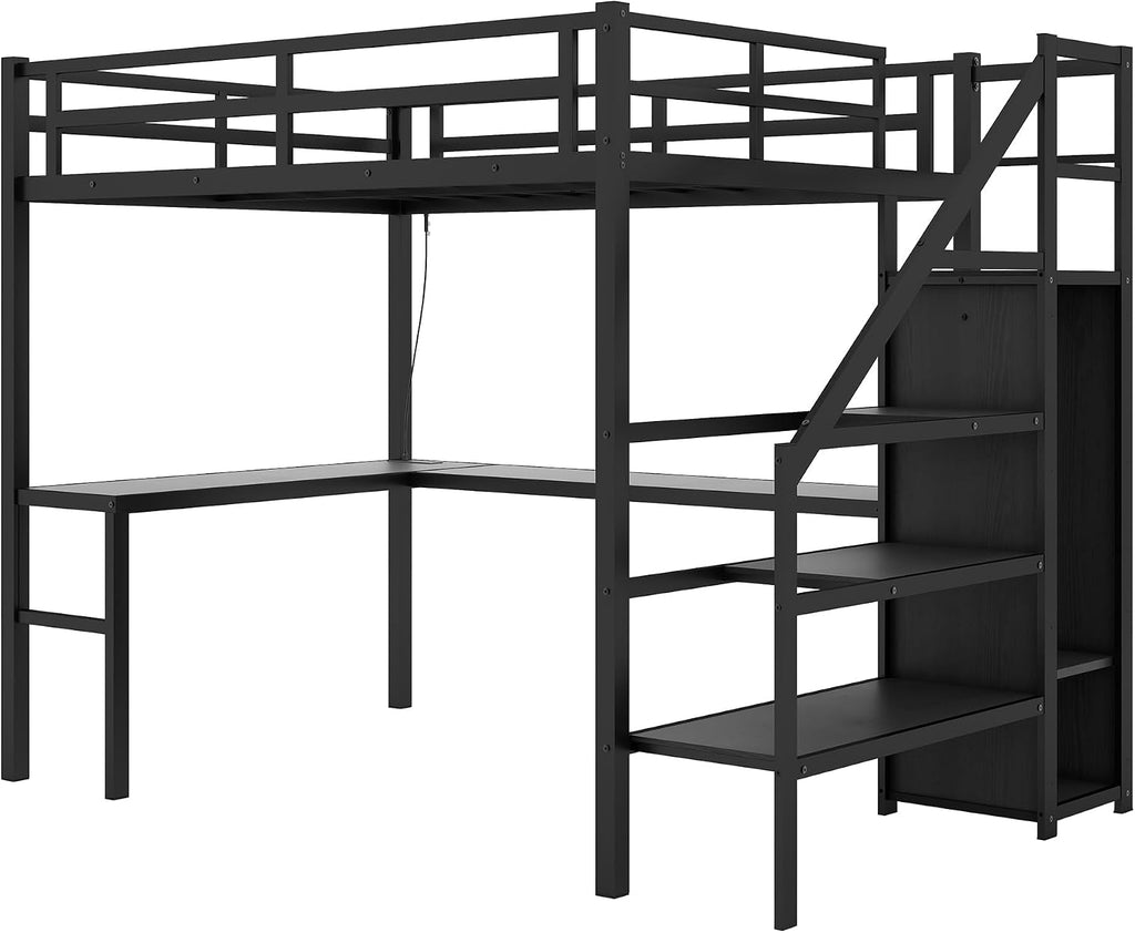 Bellemave Metal Full XL Loft Bed with Desk and Wardrobe,Heavy Duty Loft Bed Frame with Storage Stairs and LED Lights for Kids, Teens, Adults,Space Saving,Black