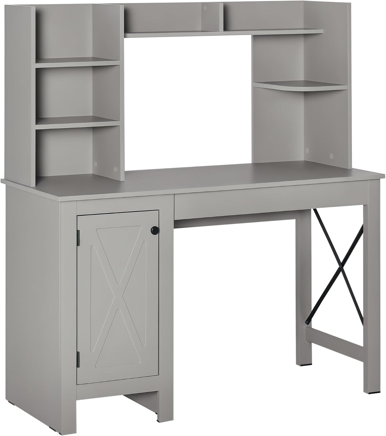 HOMCOM 47 Inch Farmhouse Computer Desk with Hutch and Cabinet, Home Office Desk with Storage, for Study, Light Gray