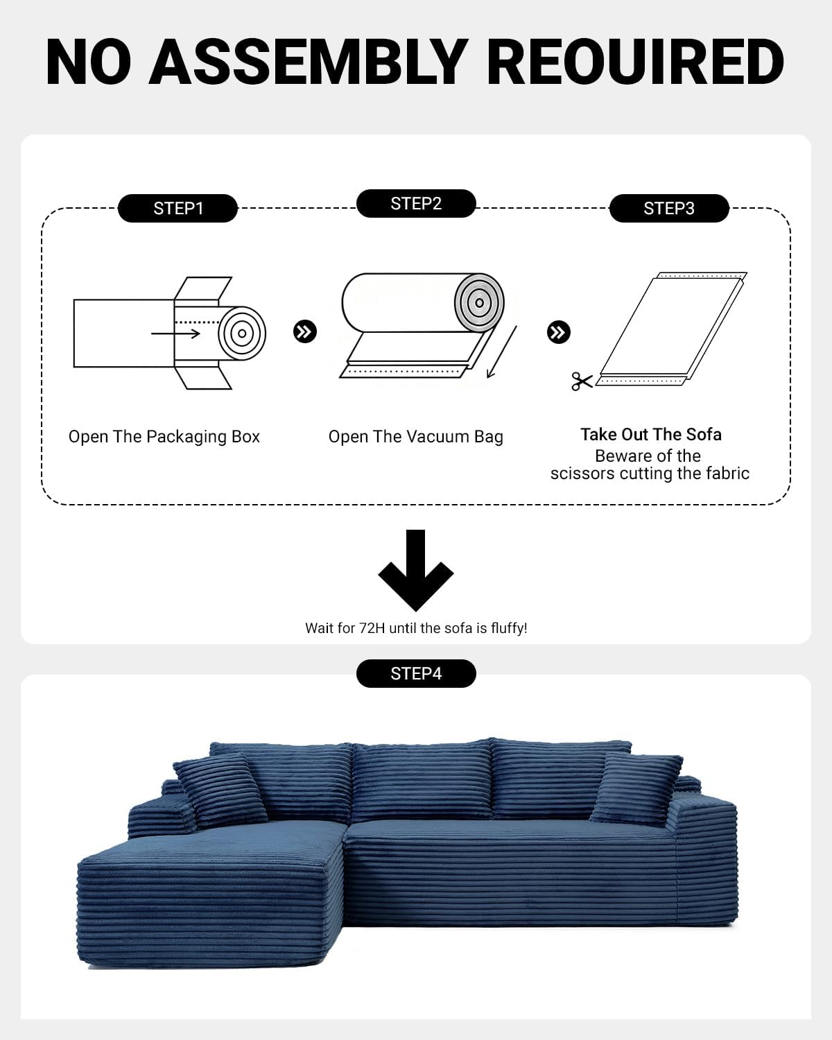 108' Cloud Sectional Couch,Modern Modular Sectional Sofa with Deep Seat,Corduroy Boneless Couches with L-Shape Chaise for Living Room,No Assembly Required (Blue, Left Facing Chaise)
