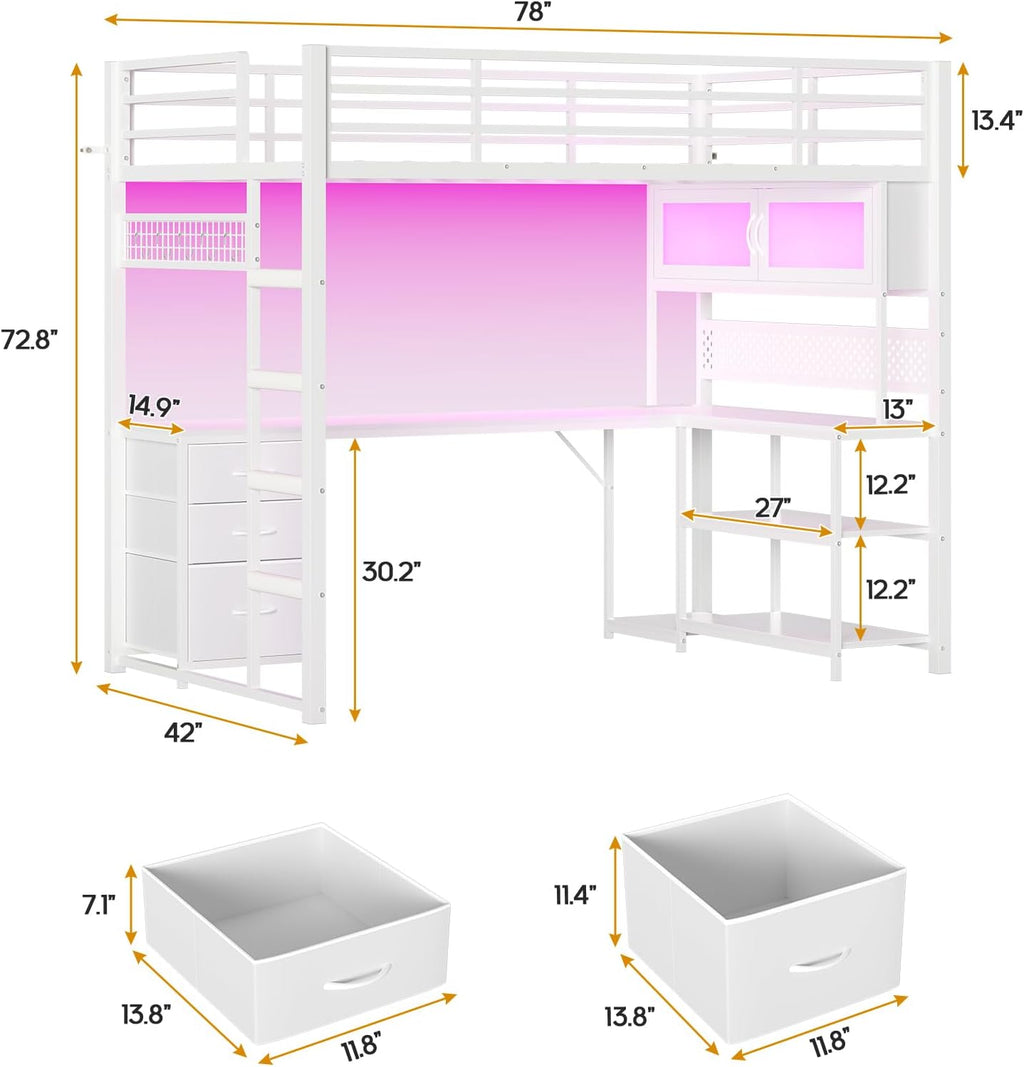 ADORNEVE Gaming Loft Bed Twin Size with L-Shaped Desk, Storage Drawers & RGB Arcylic Hutch, Expanded Safety Power Outlet, Metal LED Loft Bed Frame with Wide Ladder, for Teen Girls, White