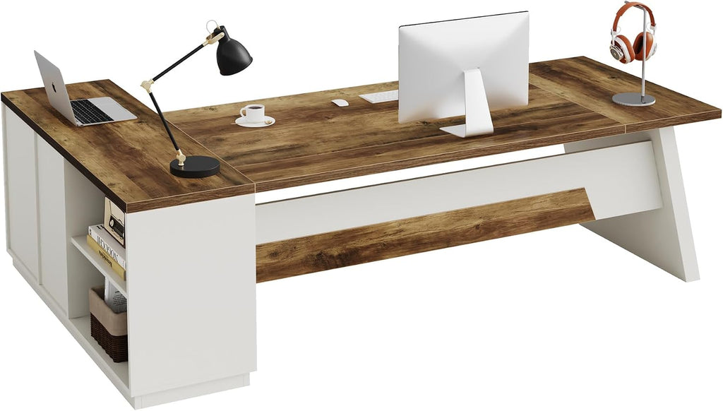 Tribesigns L-Shaped Executive Desk, 78-Inch Modern Office Desk with Drawers and Lateral File Cabinet, Large Bussiness Furniture with Storage Shelves, Workstation for Home Office (Brown + White)