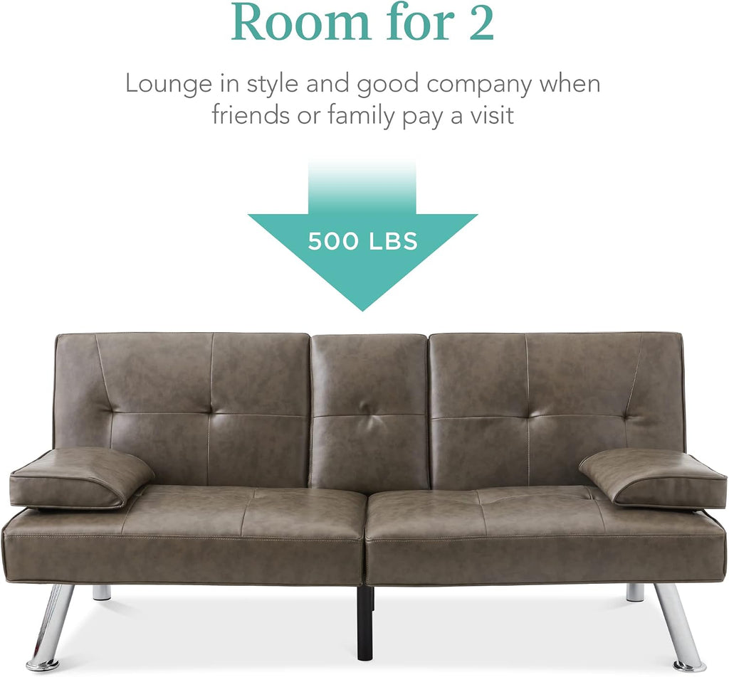 Best Choice Products Faux Leather Upholstered Modern Convertible Futon, Adjustable Folding Sofa Bed, Guest Bed w/Removable Armrests - Gray