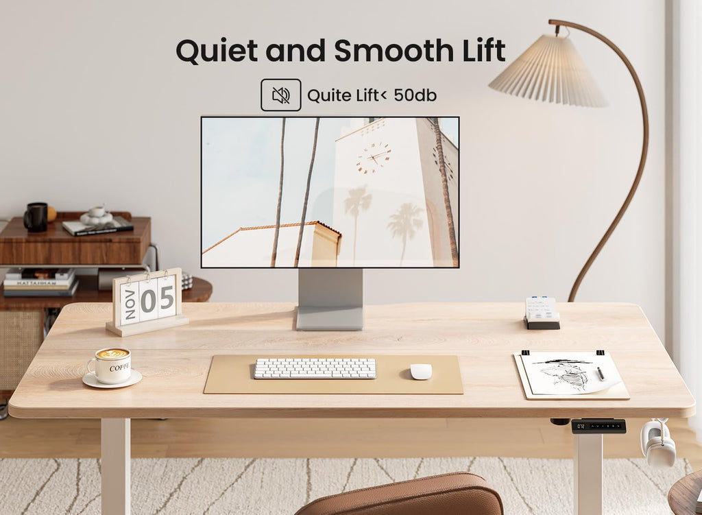 BANTI 55 × 28 Inches Standing Desk, Ergonomic, Electric Height Adjustable, Sit and Stand Up, Computer Office Desk with Splice Board, White Frame/Maple Top