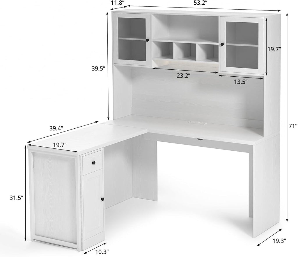 TUSY Reversible L Shaped Desk with Hutch & Storage Cabinet, 71' Corner Desk with LED, White Computer Desk with Drawers, DIY Home Office Desk for Small Space, Craft Desk with Storage