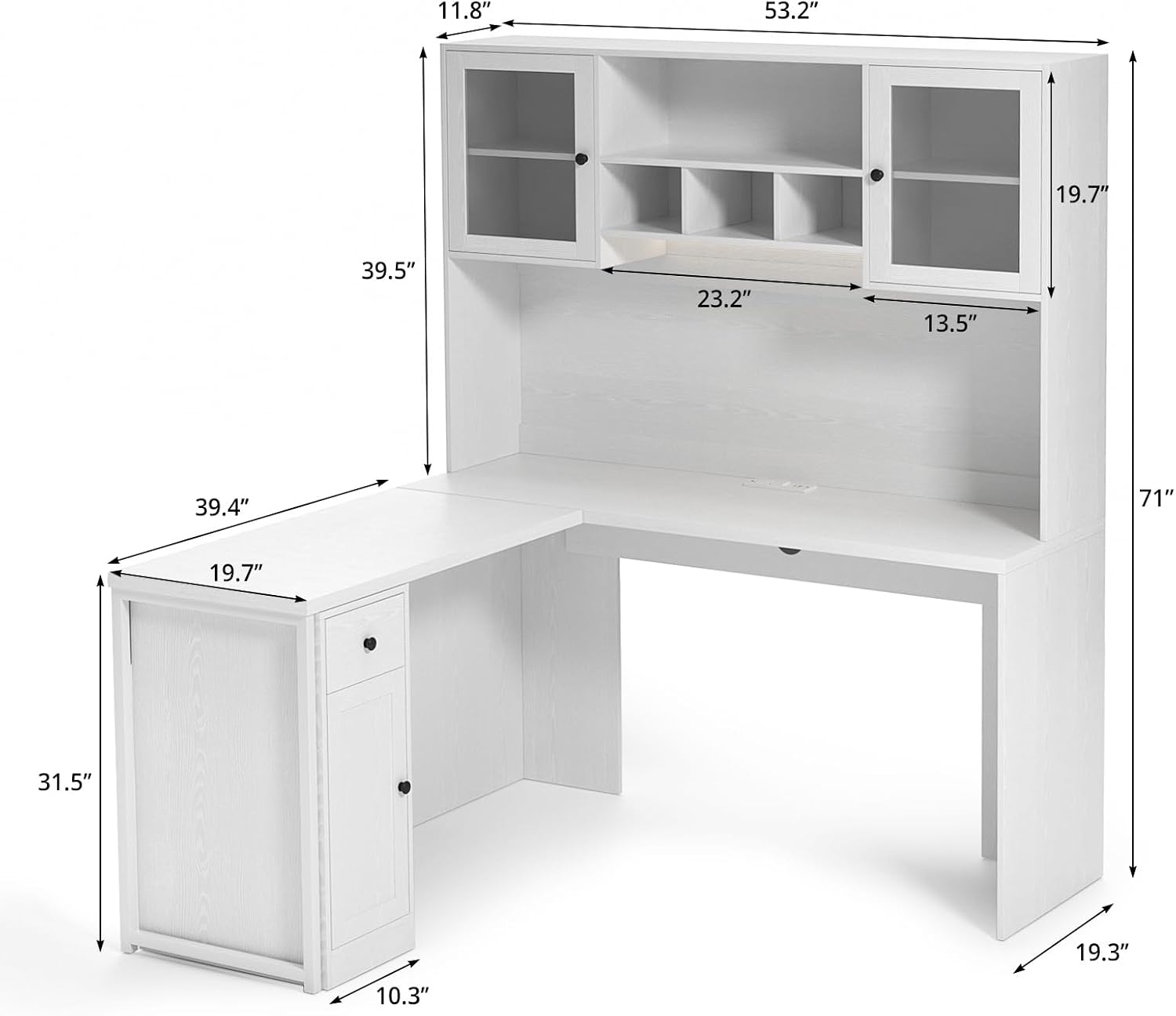 TUSY Reversible L Shaped Desk with Hutch & Storage Cabinet, 71' Corner Desk with LED, White Computer Desk with Drawers, DIY Home Office Desk for Small Space, Craft Desk with Storage