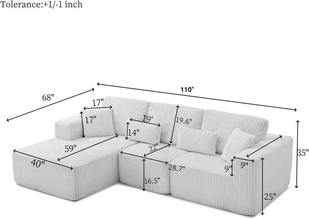110' Cloud Sectional Couch, Modular Sectional Sofa with Deep Seat, Corduroy Upholstered Boneless Couch for Living Room Bedroom, Left Facing Chaise (Beige, 110' Right Facing Chaise)