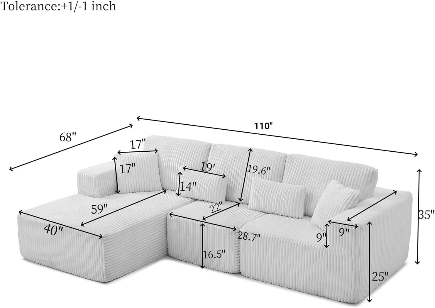 110' Cloud Sectional Couch, Modular Sectional Sofa with Deep Seat, Corduroy Upholstered Boneless Couch for Living Room Bedroom, Left Facing Chaise (Beige, 110' Left Facing Chaise)