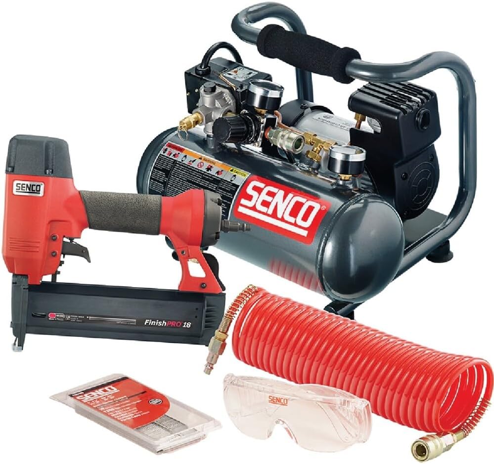 SENCO PC0947 Brad Nailer 18 Gauge, Air Compressor, Hose Combo Kit for Finish and Trim Projects