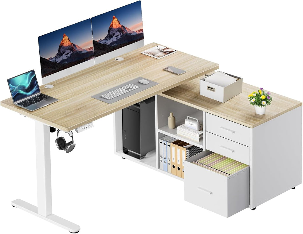 HUANUO L Shaped Standing Desk, Electric Executive Desk with Drawers, Adjustable Height Stand Up Desk, 55″ x 23.6″ One-Whole Piece Desktop, Computer Desk with 4 Memory Presets, Light Walnut