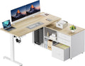 HUANUO L Shaped Standing Desk, Electric Executive Desk with Drawers, Adjustable Height Stand Up Desk, 55″ x 23.6″ One-Whole Piece Desktop, Computer Desk with 4 Memory Presets, Light Walnut