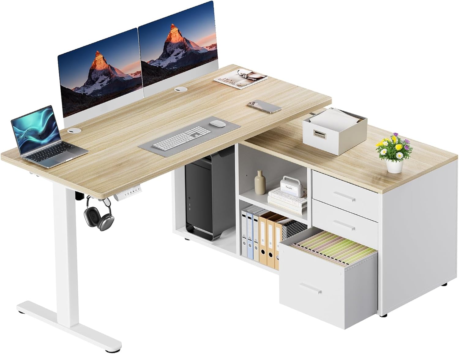 HUANUO L Shaped Standing Desk, Electric Executive Desk with Drawers, Adjustable Height Stand Up Desk, 55″ x 23.6″ One-Whole Piece Desktop, Computer Desk with 4 Memory Presets, Light Walnut