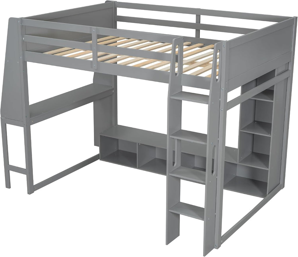 Solid Wood Gaming Loft Bed Full Size with Desk & Shelves & Hanging Rack & LED,Esports Design for PC & Console Gamers,Space Saving Loft Bed Frame with Guardrails & Ladder,No Box Spring Needed,Gray