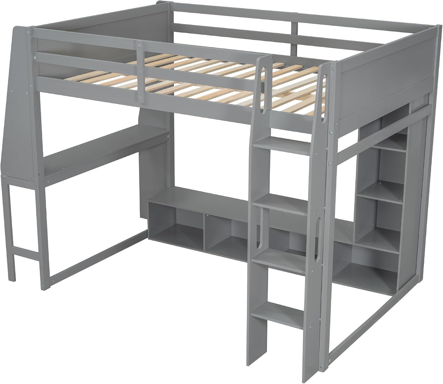 Solid Wood Gaming Loft Bed Full Size with Desk & Shelves & Hanging Rack & LED,Esports Design for PC & Console Gamers,Space Saving Loft Bed Frame with Guardrails & Ladder,No Box Spring Needed,Gray