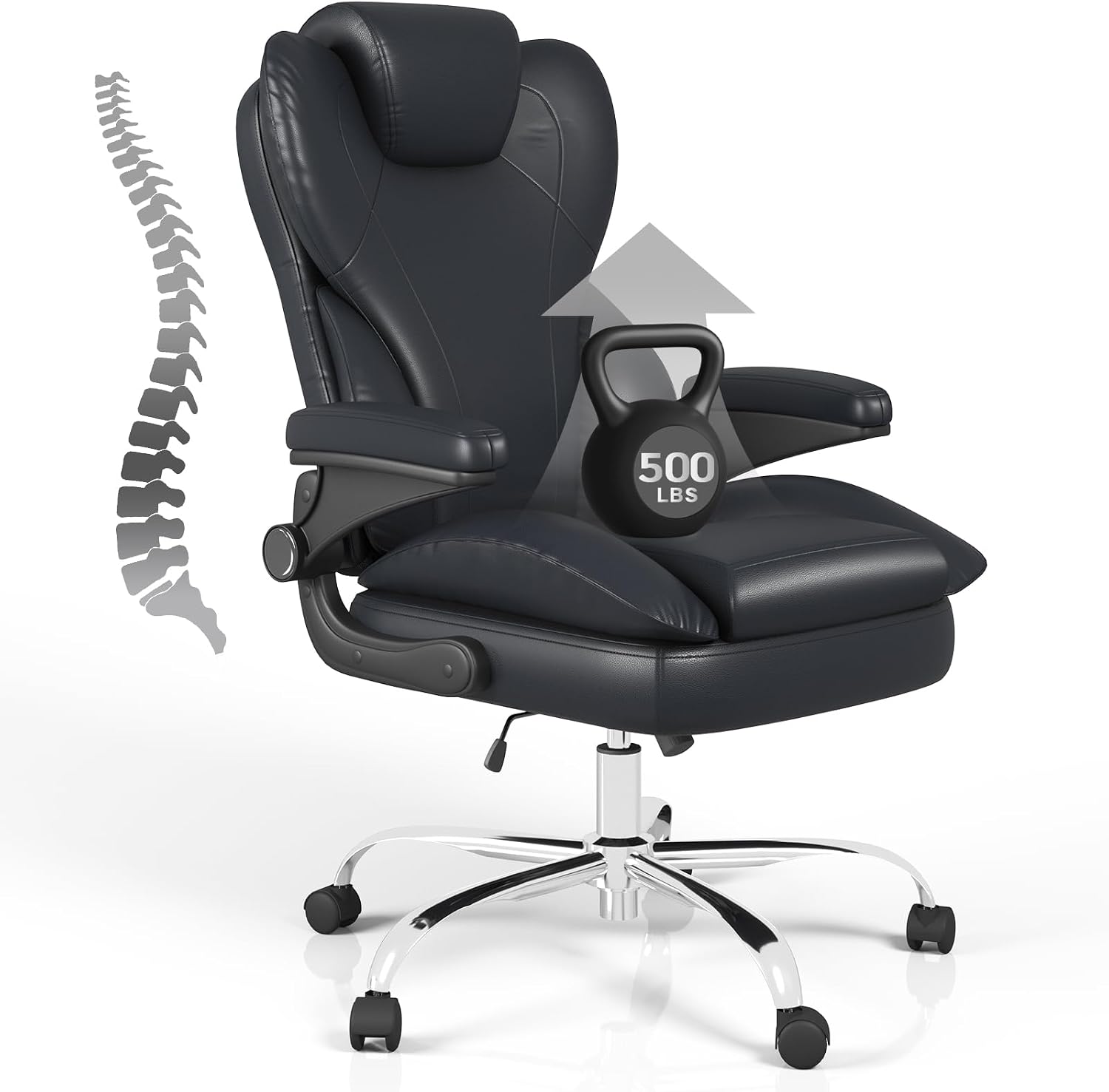 Office Desk Chair, Executive Leather Office Chair, High Back Ergonomic Home Desk Chair with Padded Flip-up Arms, Big and Tall Computer Chair with Rocking Function, 360°Swivel Free, Black