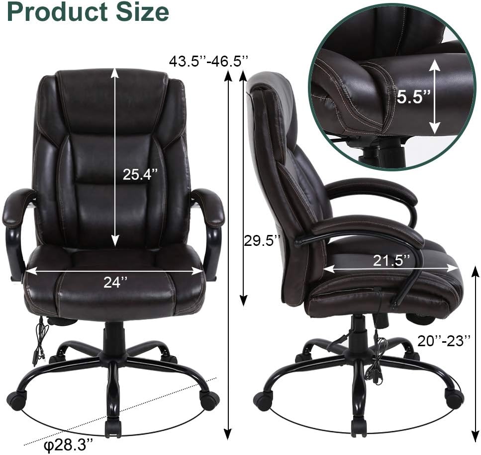 Big and Tall Office Chair 500lb Wide Seat Massage Desk Chair Ergonomic Computer Chair with Headrest Lumbar Support Armrest Rolling Swivel Chair Adjustable PU Leather Task Chair for Adults Women(Brown)