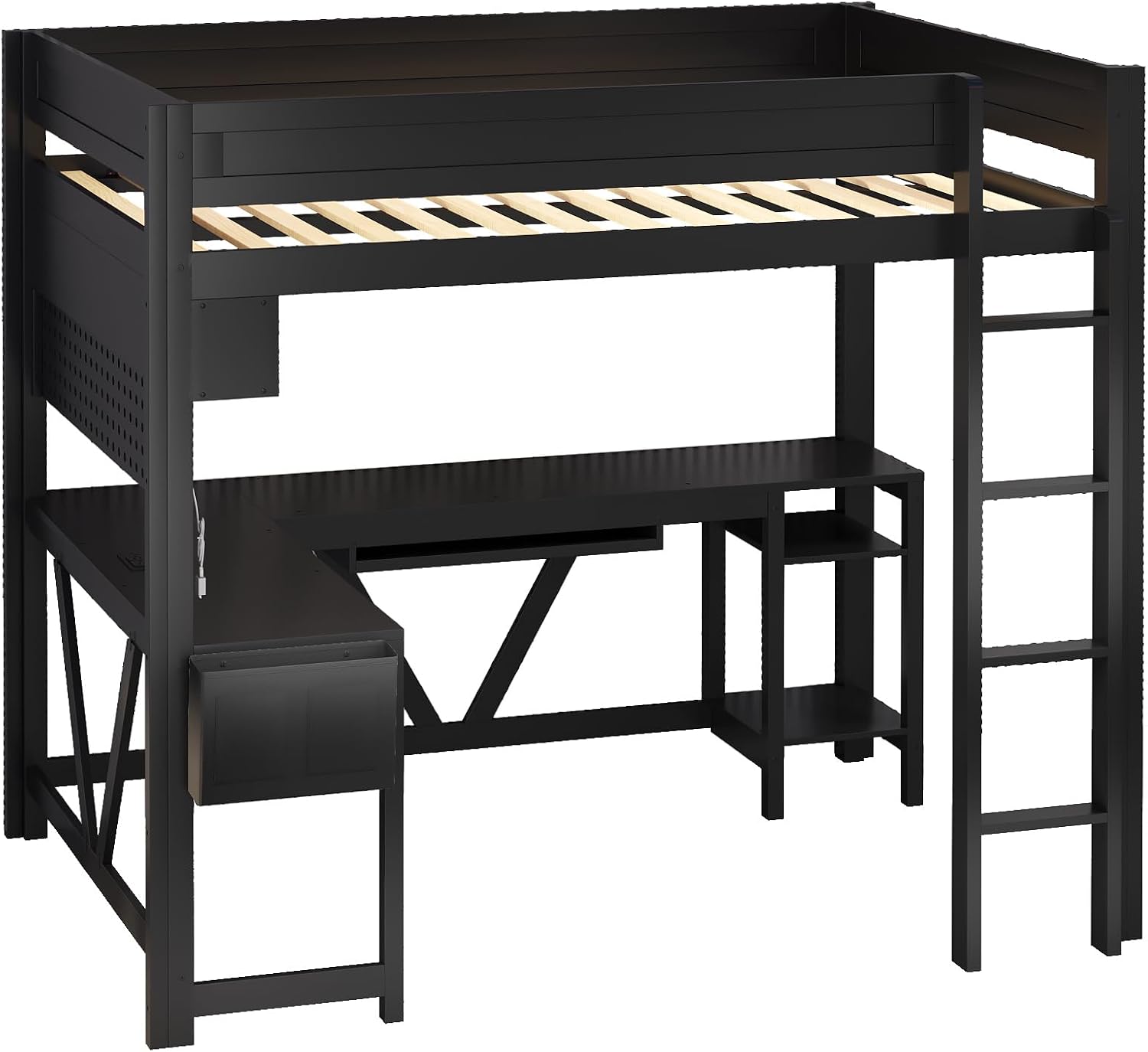 Unique Wood Full Size Gaming Loft Bed with Desk and Storage Shelves,LED and Charging Station,for Kids Teens Adults Bedroom Use (Black/LED, Full)