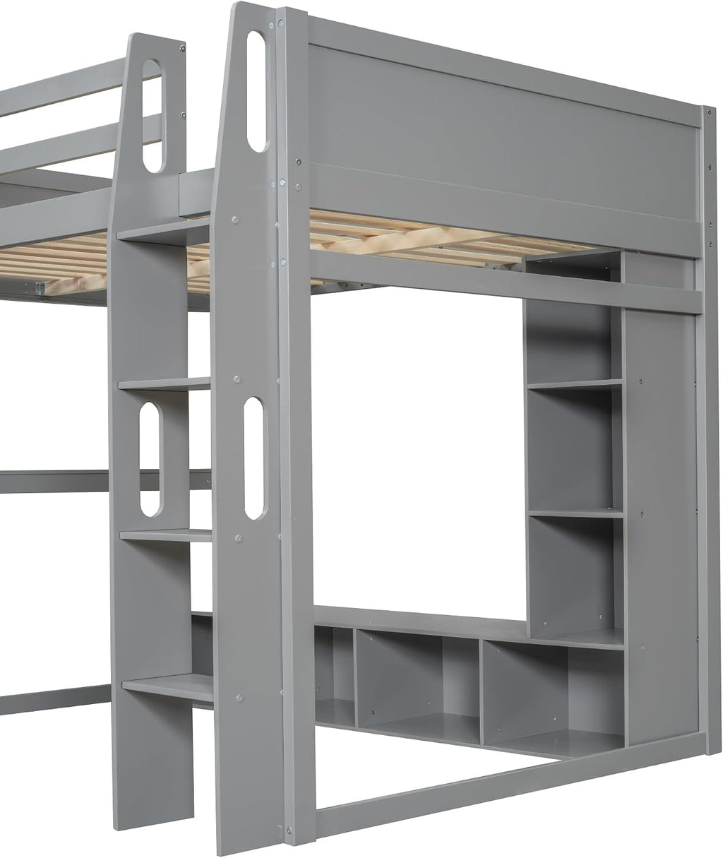 VilroCaz Modern Full Size Gaming Loft Bed with Desk and Multi-Storage Shelves, Wood Loft Bed Frame with Workstation and a Hanging Clothes Rack, Maximize Space Saving (Full)