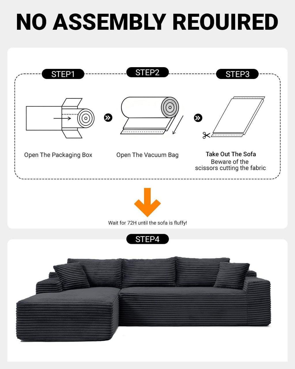 108 Inch Cloud Sectional Couch,Modern Modular Sectional Sofa with Deep Seat,Corduroy Boneless Couches with L-Shape Chaise for Living Room,No Assembly Required (Black, Left Facing Chaise)