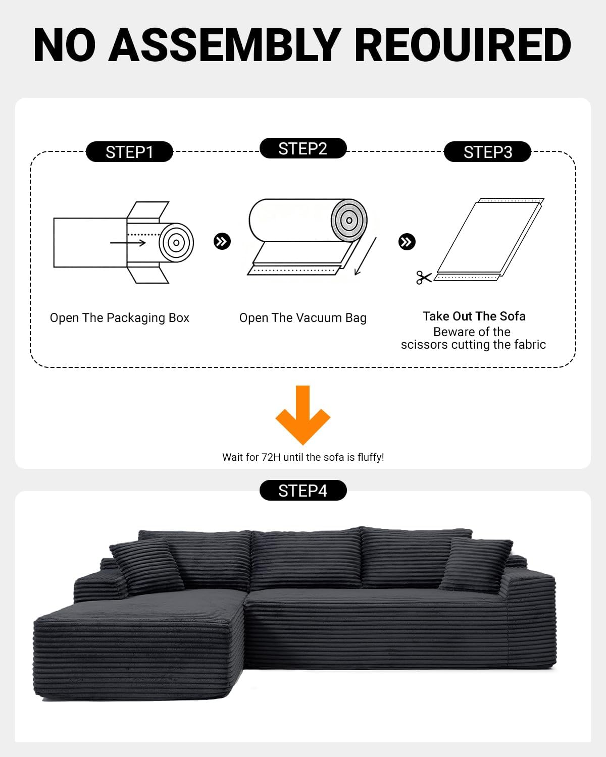 108 Inch Cloud Sectional Couch,Modern Modular Sectional Sofa with Deep Seat,Corduroy Boneless Couches with L-Shape Chaise for Living Room,No Assembly Required (Black, Left Facing Chaise)