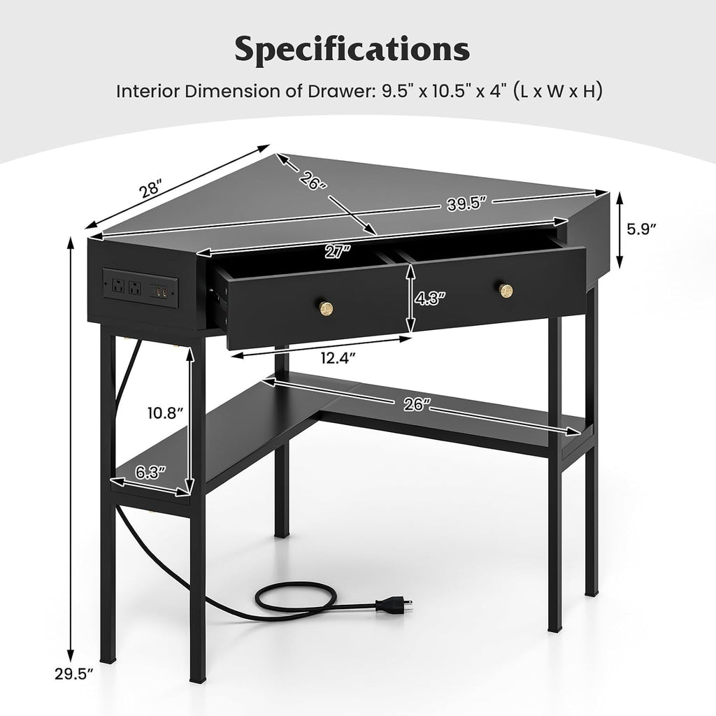 Tangkula Corner Desk with 2 Drawers & Built-in Charging Station, 90 Degrees Triangle Computer Desk for Small Space, Bedroom Makeup Vanity Desk with Storage Shelves, Corner Writing Desk