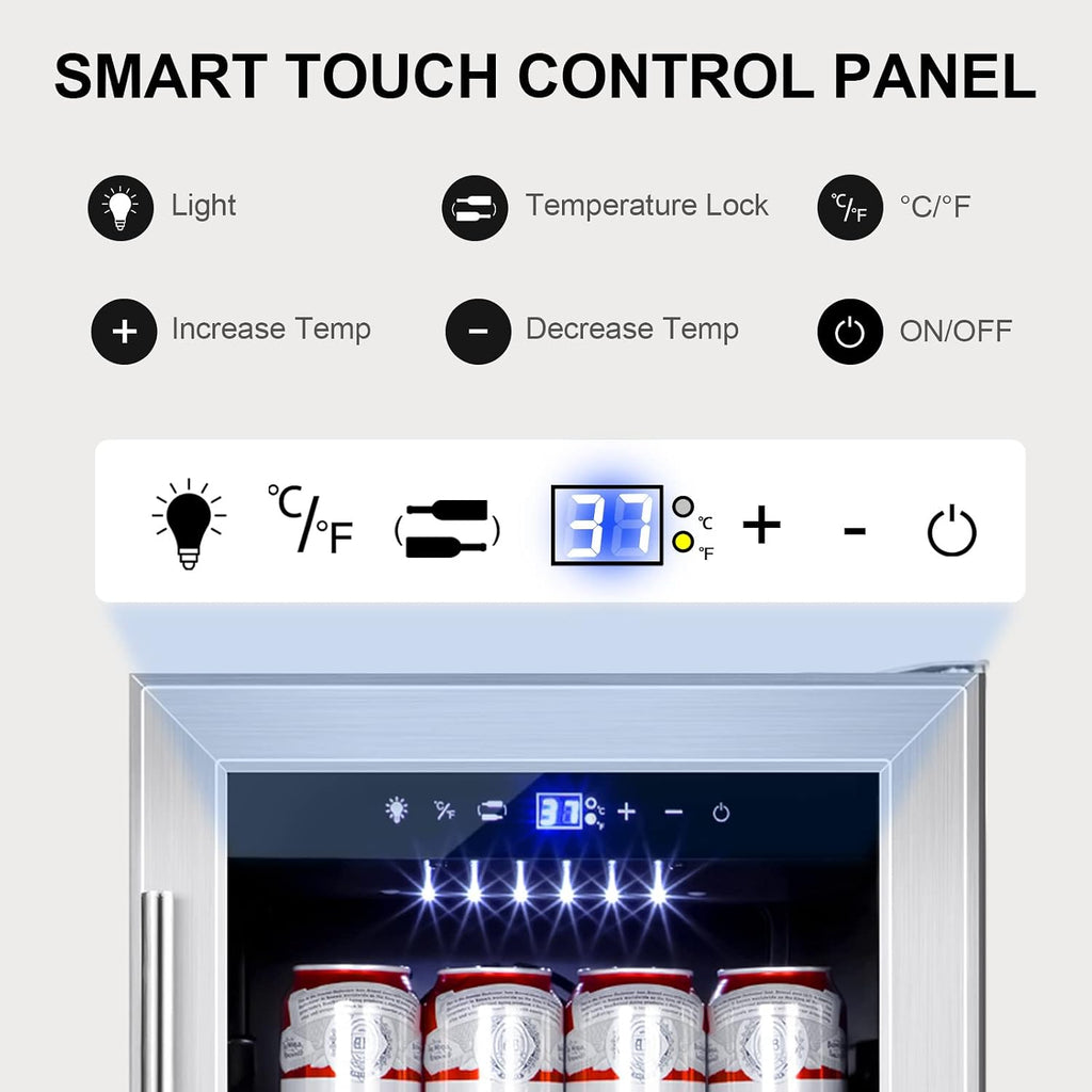 Tylza 15 Inch Beverage Refrigerator, 130 Cans Quiet Beverage Fridge, 15'' Beverage Cooler Under Counter with Glass Door and Lock for Built-in or Freestanding With Temperature Memory Function TYBC100