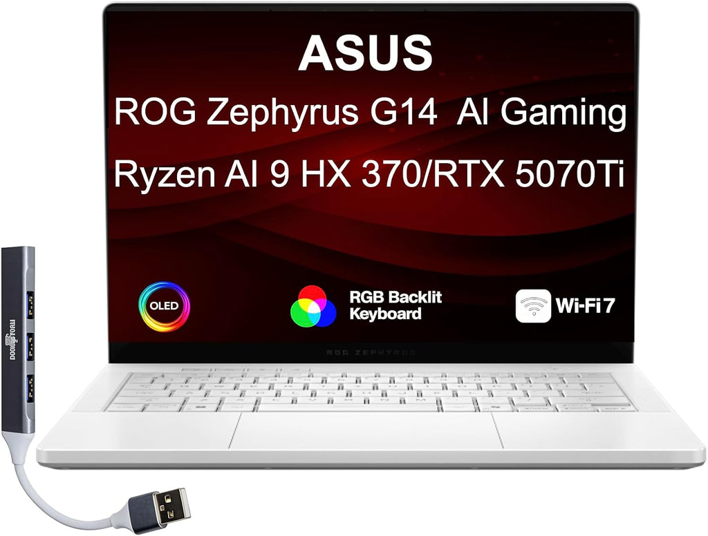 ASUS ROG Zephyrus Gaming Laptop 14' 120Hz OLED 3K 500 nits DCI-P3 100% (AMD Ryzen AI 9 HX 370, GeForce RTX 5070 Ti 12GB, 32GB LPDDR5X, 4TB SSD, Copilot, WiFi 7, RGB KB, Win11Home) w/DKZ USB Hub