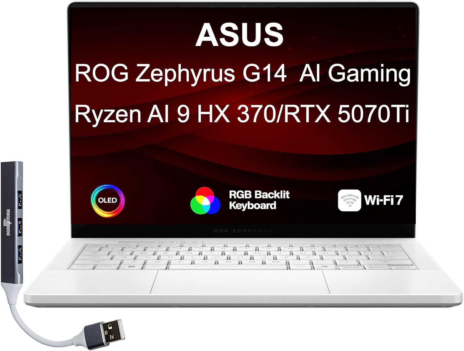 ASUS ROG Zephyrus Gaming Laptop 14' 120Hz OLED 3K 500 nits DCI-P3 100% (AMD Ryzen AI 9 HX 370, GeForce RTX 5070 Ti 12GB, 32GB LPDDR5X, 8TB SSD, Copilot, WiFi 7, RGB KB, Win11Home) w/DKZ USB Hub