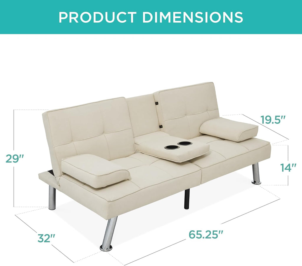 Best Choice Products Linen Modern Folding Futon, Reclining Sofa Bed for Apartment, Dorm w/Removable Armrests, 2 Cupholders - Ivory