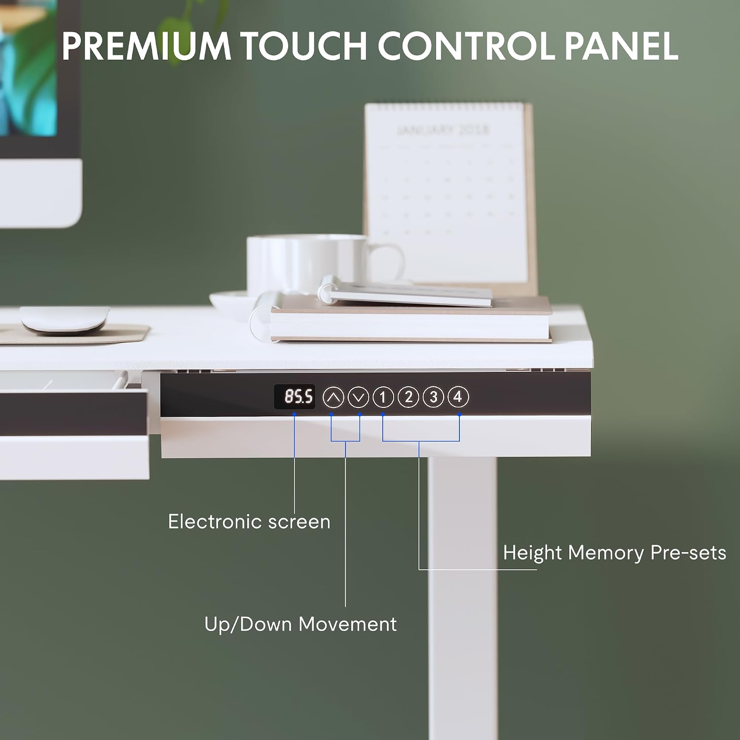 FLEXISPOT One-Piece 48' Standing Desk with Acrylic-Front Drawer, Fast-Assembly Ergonomic Sit-to-Stand Desk with MDF Top, 4 Height Memory Presets Touch-Control, Home Office Computer Workstation, White