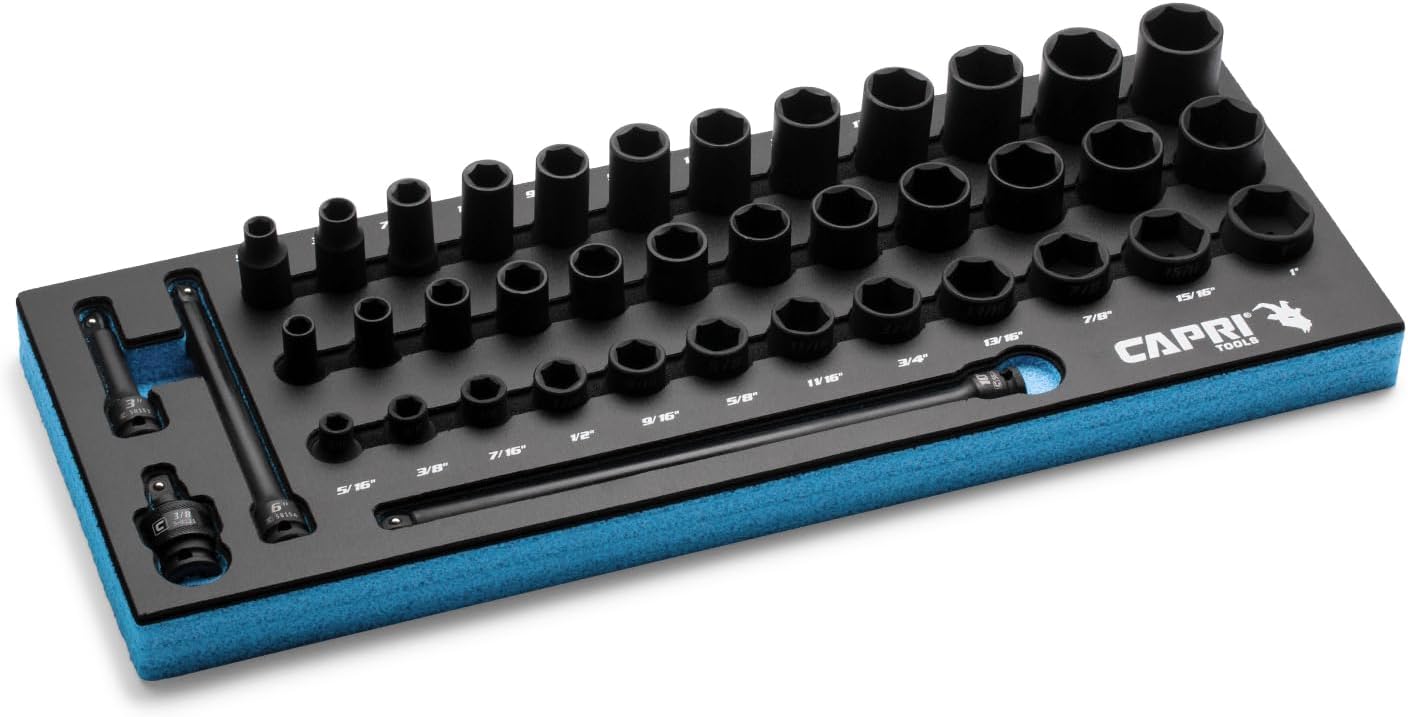 Capri Tools 3/8 in. Drive Master Shallow, Semi-Deep and Deep Impact Socket Set with Extensions and Universal Joint, SAE, 5/16 to 1 in., 40-Piece with Mechanic's Tray