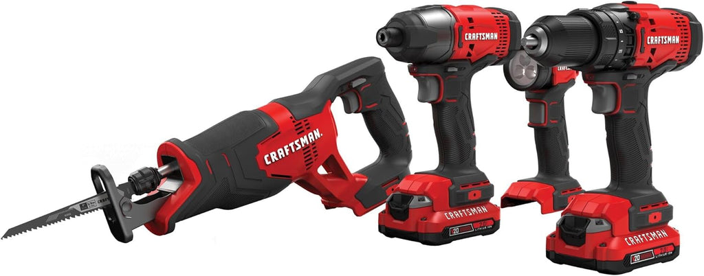 CRAFTSMAN V20 Cordless 4-Tool Power Tool Combo Kit with 2 Batteries and Charger (CMCK400D2)