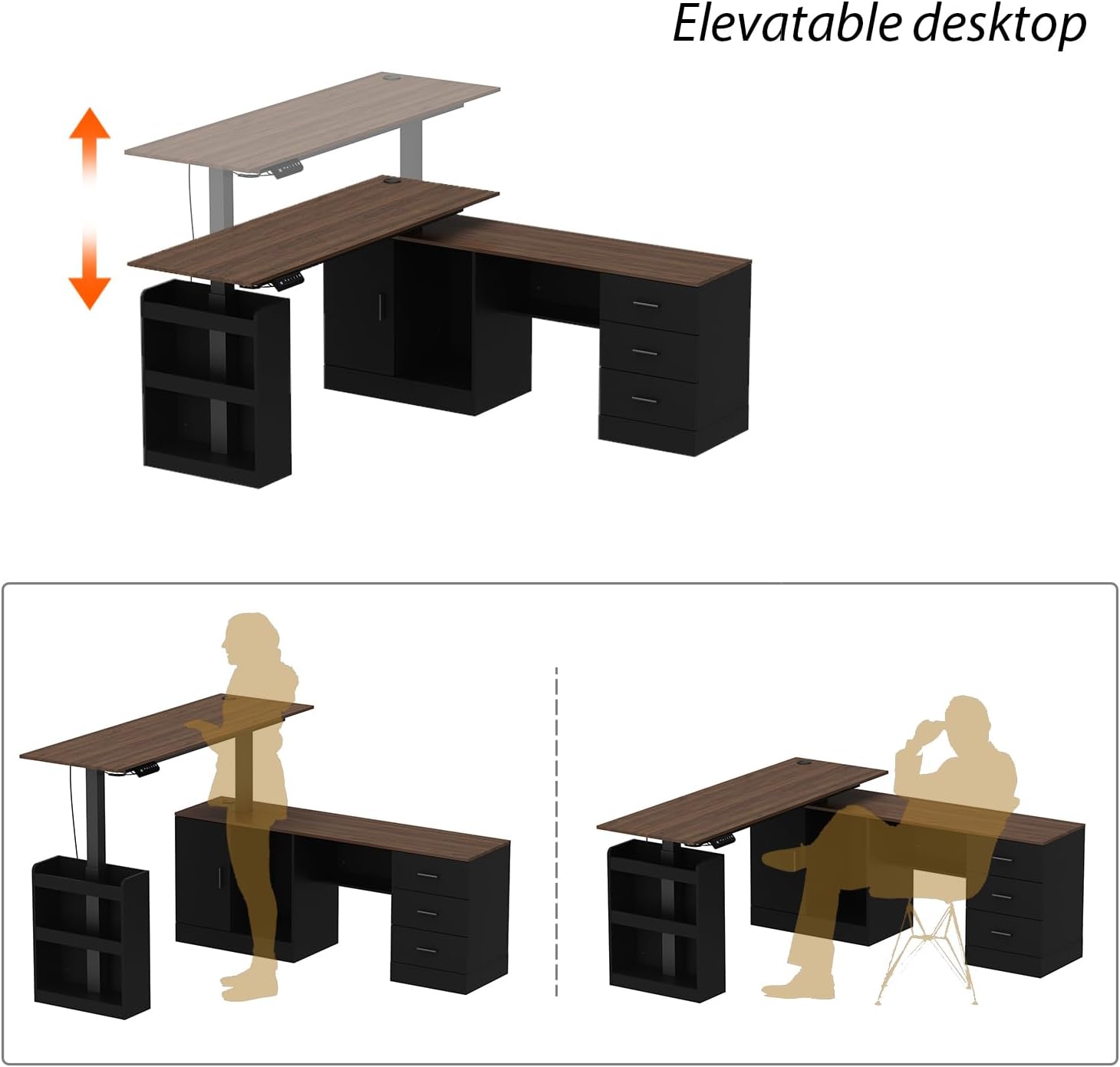 63' W Height Adjustable Standing Desk with Drawers & Cabinet, Electric Stand up Desk with Storage, L Shaped Home Office Table Corner Computer Workstation, Black & Brown (28.4'-45.8' H)