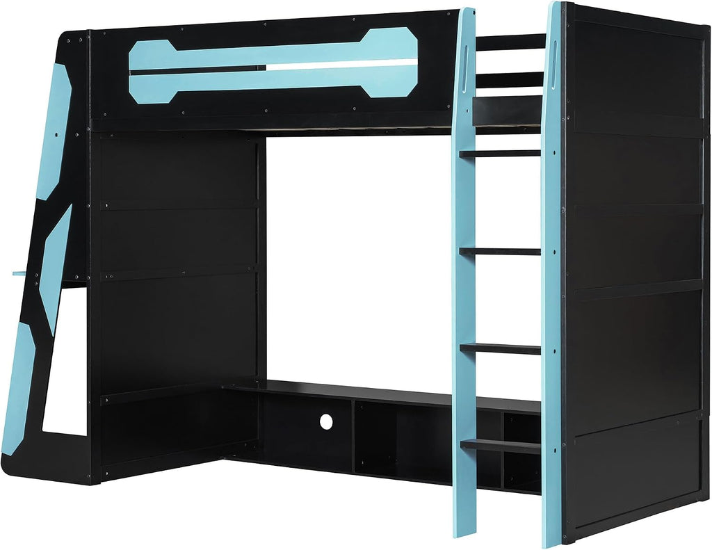 LUMISOL Twin Size Gaming Loft Bed with Desk, RGB LED Lights & Charging Stations, Wood Loft Bed Frame with Storage Bookshelves for Kids, Teens & Adults, Blue + Black