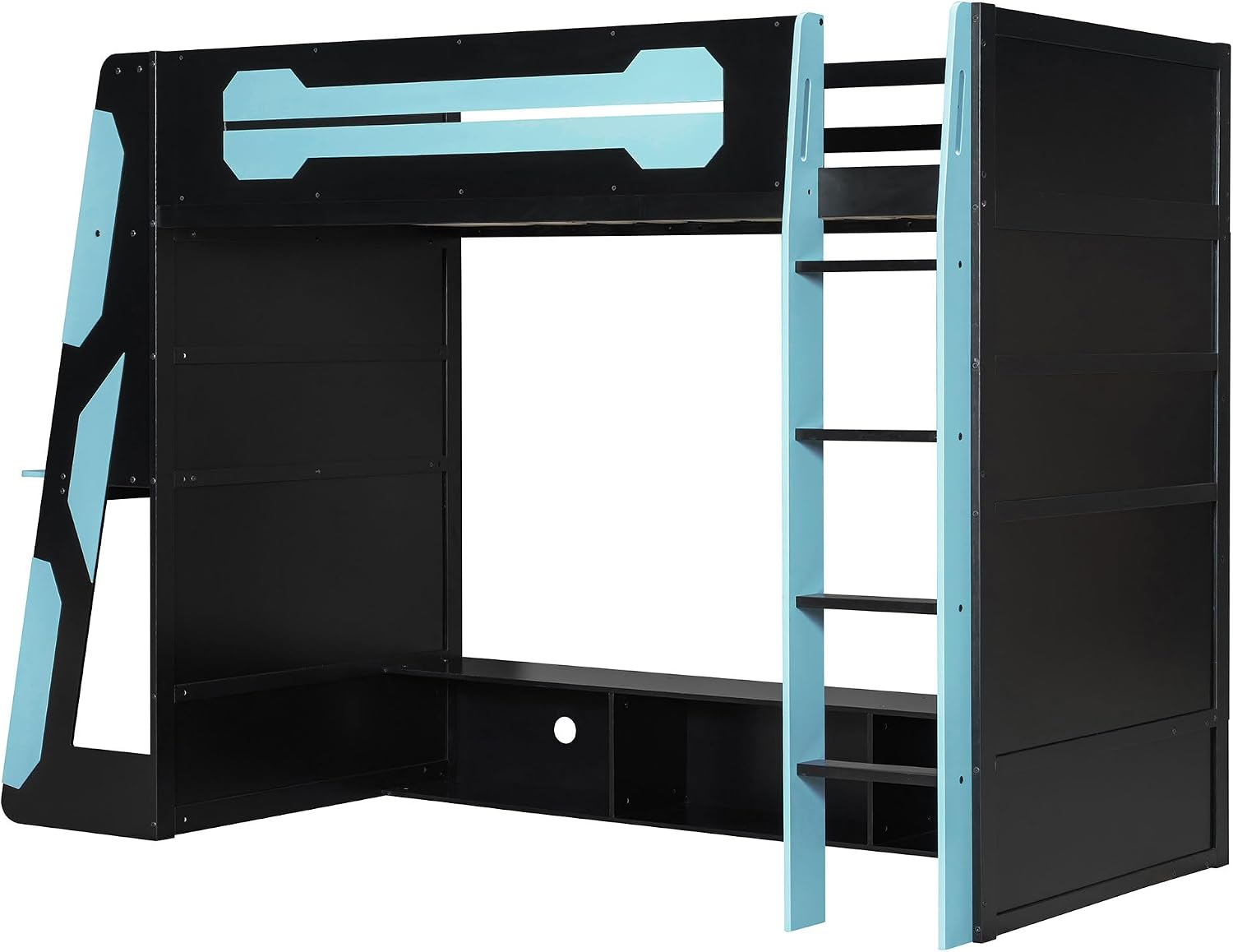LUMISOL Twin Size Gaming Loft Bed with Desk, RGB LED Lights & Charging Stations, Wood Loft Bed Frame with Storage Bookshelves for Kids, Teens & Adults, Blue + Black