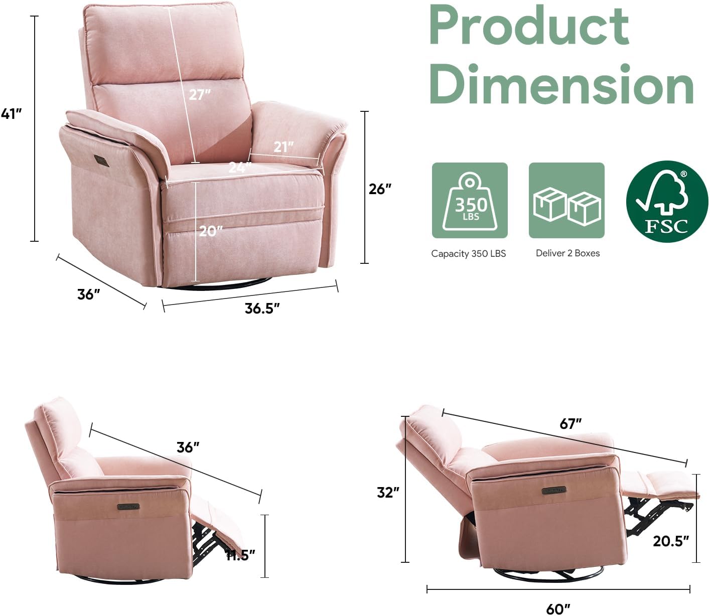 Power Nursery Rocking Chair with Massage and Heat,Swivel Rocker Recliner with Adjustable Headrest,Glider Recliner Nursery Chair for Breastfeeding,Nursery Rocker Recliner for Living Room,Pink