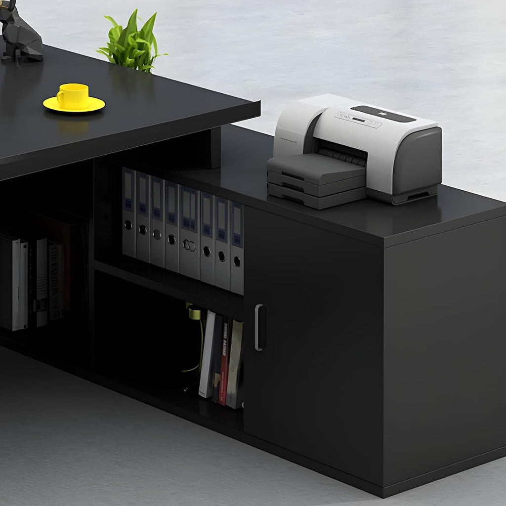Office Computer Desk L-Shape Home with Wood Base Executive Boss Table, Computer Desk with Drawers and Storage Shelves, U Shaped (Black, 55' L x 24' W x 30' H)