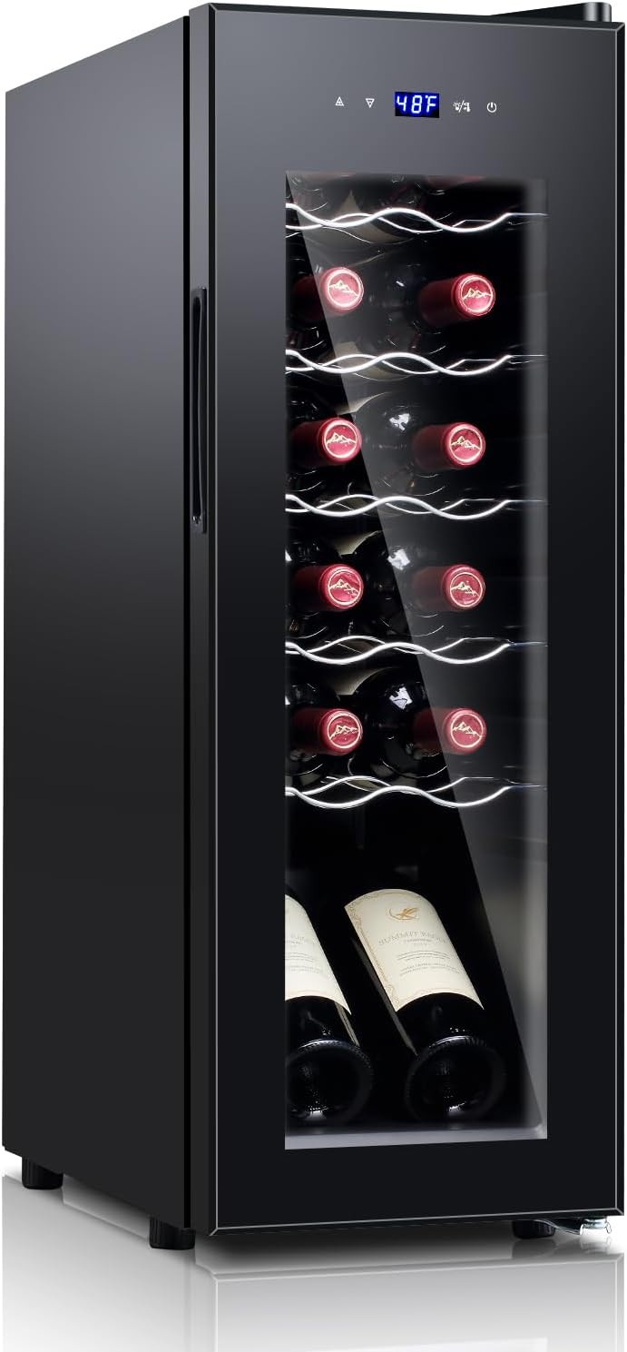 11 Inch Wine Fridge Under Counter, 12 Bottle Wine Refrigerator Cooler, Mini Wine Cellar Built in/Freestanding with Glass Door &Quiet Operation Compressor for Beer Soda Drink Bar