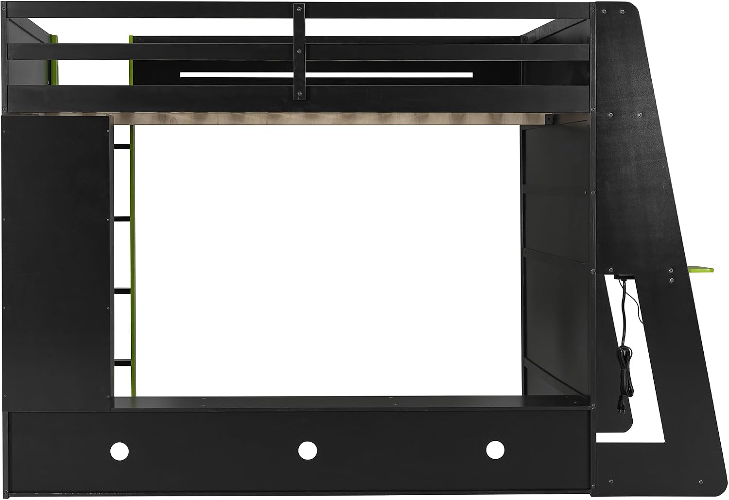 Merax Full Size Loft Bed with Desk and Multi-Storage Shelves, Wooden Gaming Loft Bed Frmae with Light and Charging Station, Space-Saving Bed with Safety Guardrail, No Box Spring Needed, Green