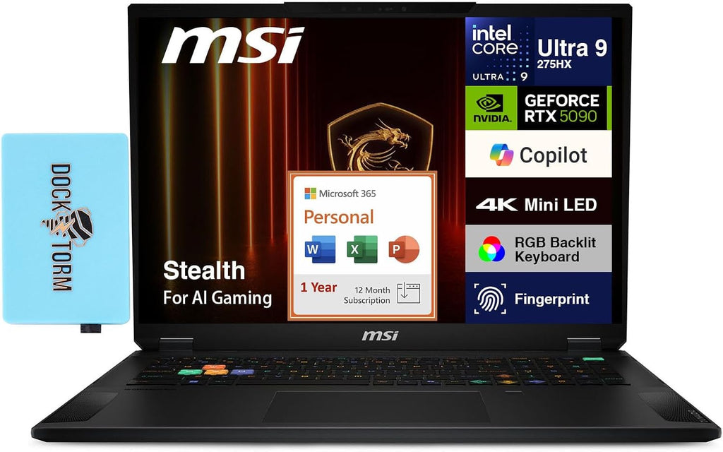 msi Stealth AI Gaming Laptop 18' 4K (Intel Ultra 9-275HX, GeForce RTX 5090 24GB, 64GB DDR5, 2TB SSD, Win 11 Pro) w/MS 365 Personal, DKZ USB Port Expander